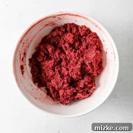 red velvet cake mix in a white bowl