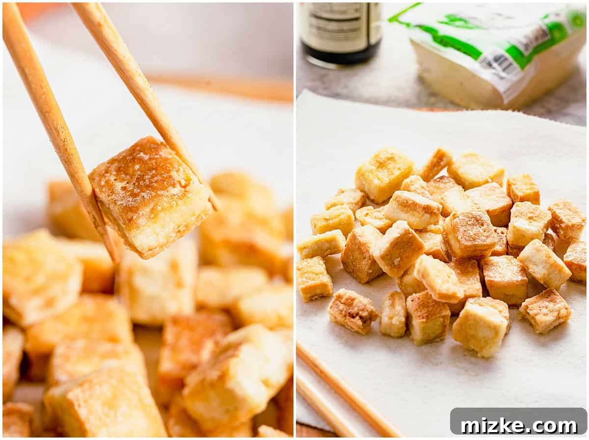 Beyond Bland: Unlock Tofu's Flavor Secrets 2 Two photos showing pieces of crispy tofu – before and after cooking, showcasing its transformation