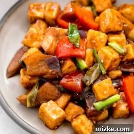 up close image of eggplant tofu on a grey ceramic plate
