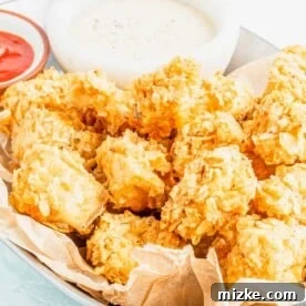 Basket of popcorn tofu with 2 bowls of dipping sauce