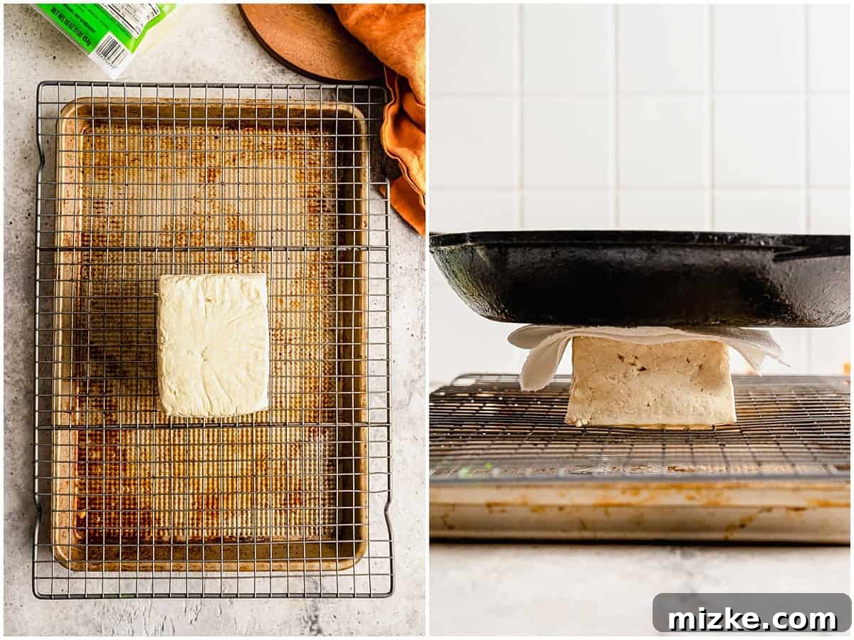 Beyond Bland: Unlock Tofu's Flavor Secrets 5 On the left, a brick of tofu on a wire rack ready for pressing. On the right, a heavy pan sitting on the brick of tofu for pressing out water.