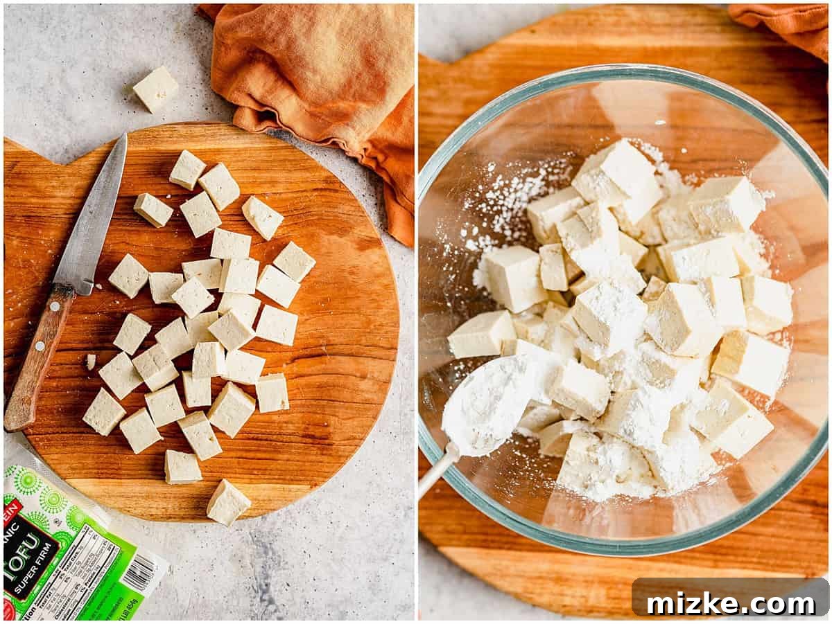 Beyond Bland: Unlock Tofu's Flavor Secrets 6 Tofu cubes on a cutting board, and the same cubes tossed with cornstarch in a glass bowl