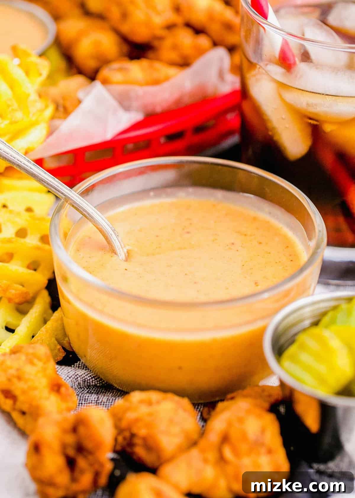 Restaurant Style Chick-Fil-A Sauce 2 Glass bowl of Chick-Fil-A sauce, surrounded by nuggets and fries