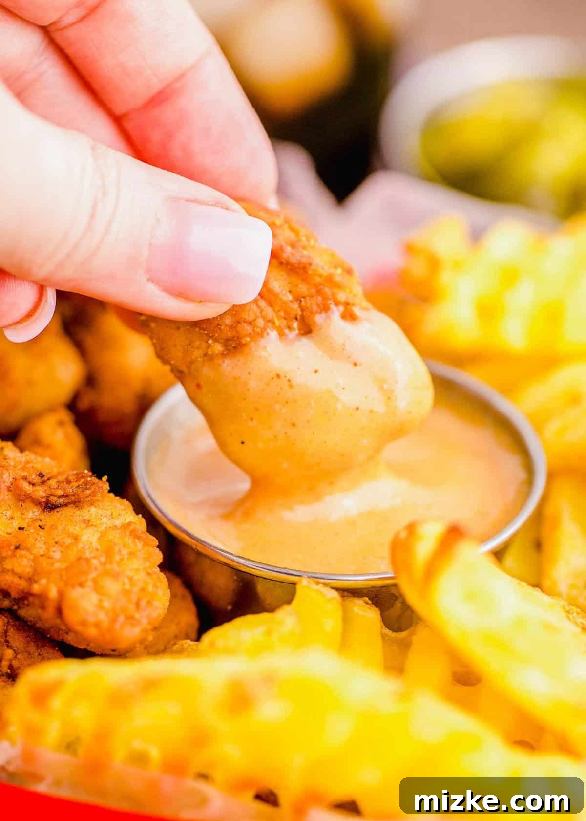 Restaurant Style Chick-Fil-A Sauce 5 Hand dipping nugget into Chick-Fil-A sauce