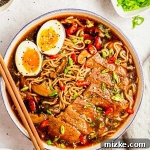 Homemade Beef Ramen Noodle Soup with toppings.