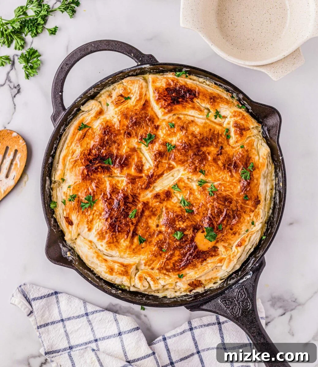 Velvety Chicken Alfredo Pot Pie 2 A black cast iron skillet is filled with cooked pot pie, golden brown and bubbly.