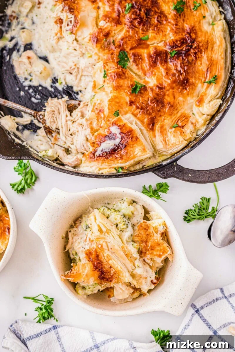 Velvety Chicken Alfredo Pot Pie 5 A serving of pot pie is placed in a white bowl next to a large skillet with the remaining pot pie.