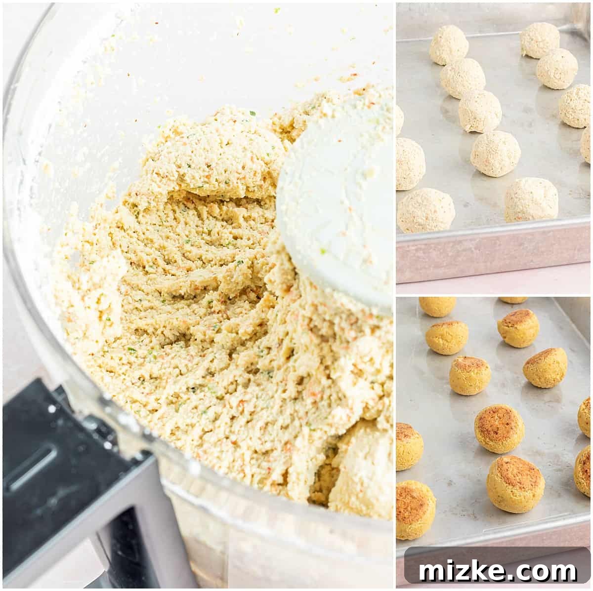 From ingredients to baked perfection: the journey of our teriyaki tofu meatballs. Process photos showing tofu meatball mixture in a food processor, then rolled into uniform balls on a baking sheet, and finally baked to a golden brown.