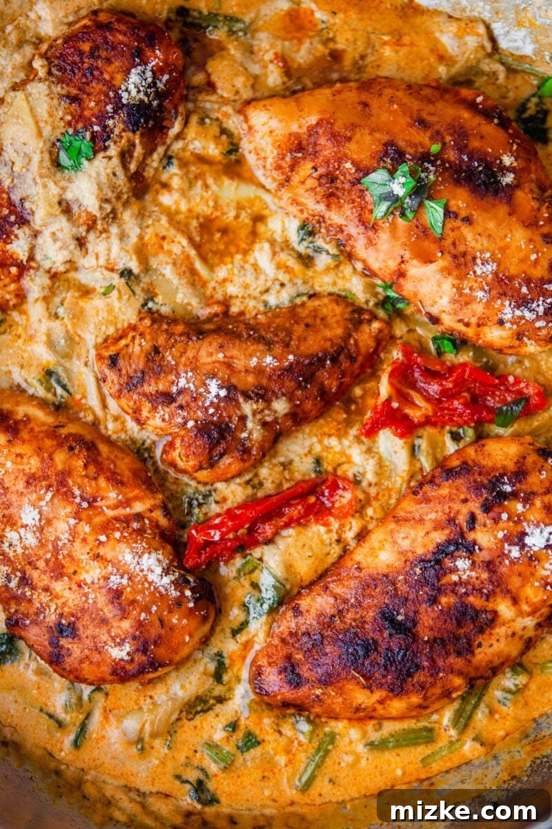 Velvety Tuscan Chicken 4 Close-up of creamy Tuscan chicken garnished with fresh basil leaves and sun-dried tomatoes.