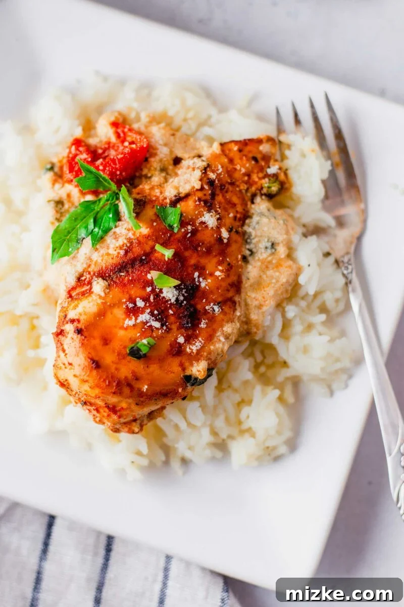 Velvety Tuscan Chicken 6 Creamy Tuscan chicken served over a bed of white rice on a clean square plate, ready to eat.