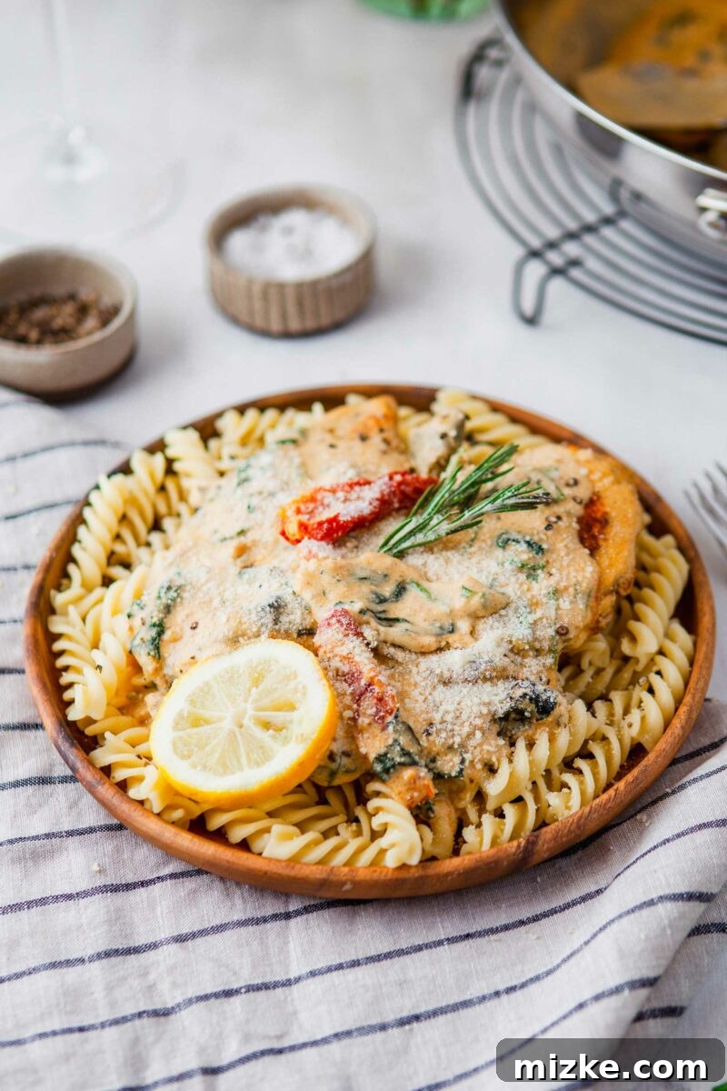 Velvety Tuscan Chicken 7 A beautifully plated dish of creamy Tuscan chicken with rotini pasta, garnished with parmesan cheese and a lemon slice.