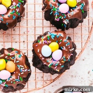 Multiple mini bundt cakes are topped with chocolate ganache, sprinkles, and mini robins eggs.