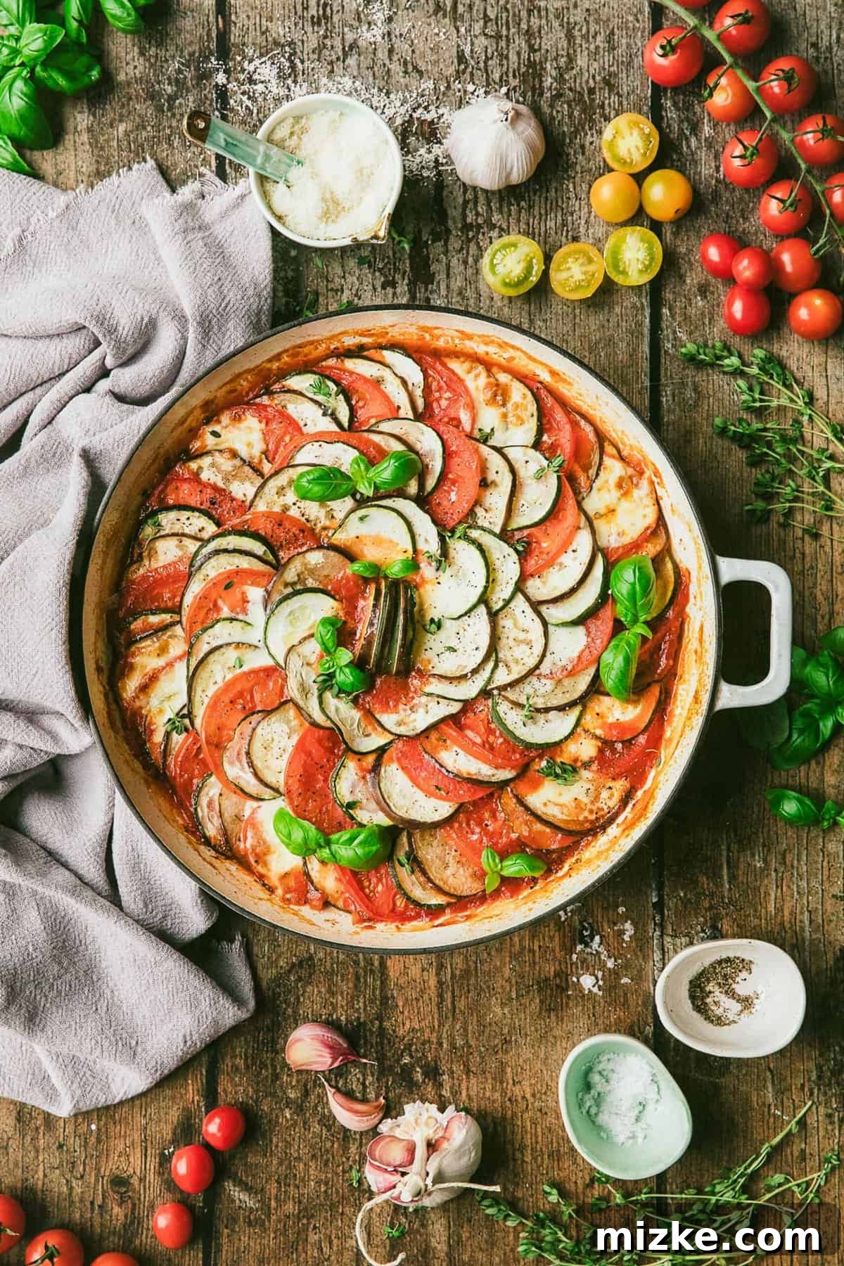 Ratatouille in round baking dish with ingredients and garnishes on tabletop, showcasing fresh vegetables and herbs