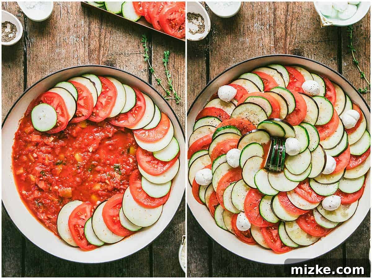 Side-by-side photos demonstrating how to assemble ratatouille, showing the layering process