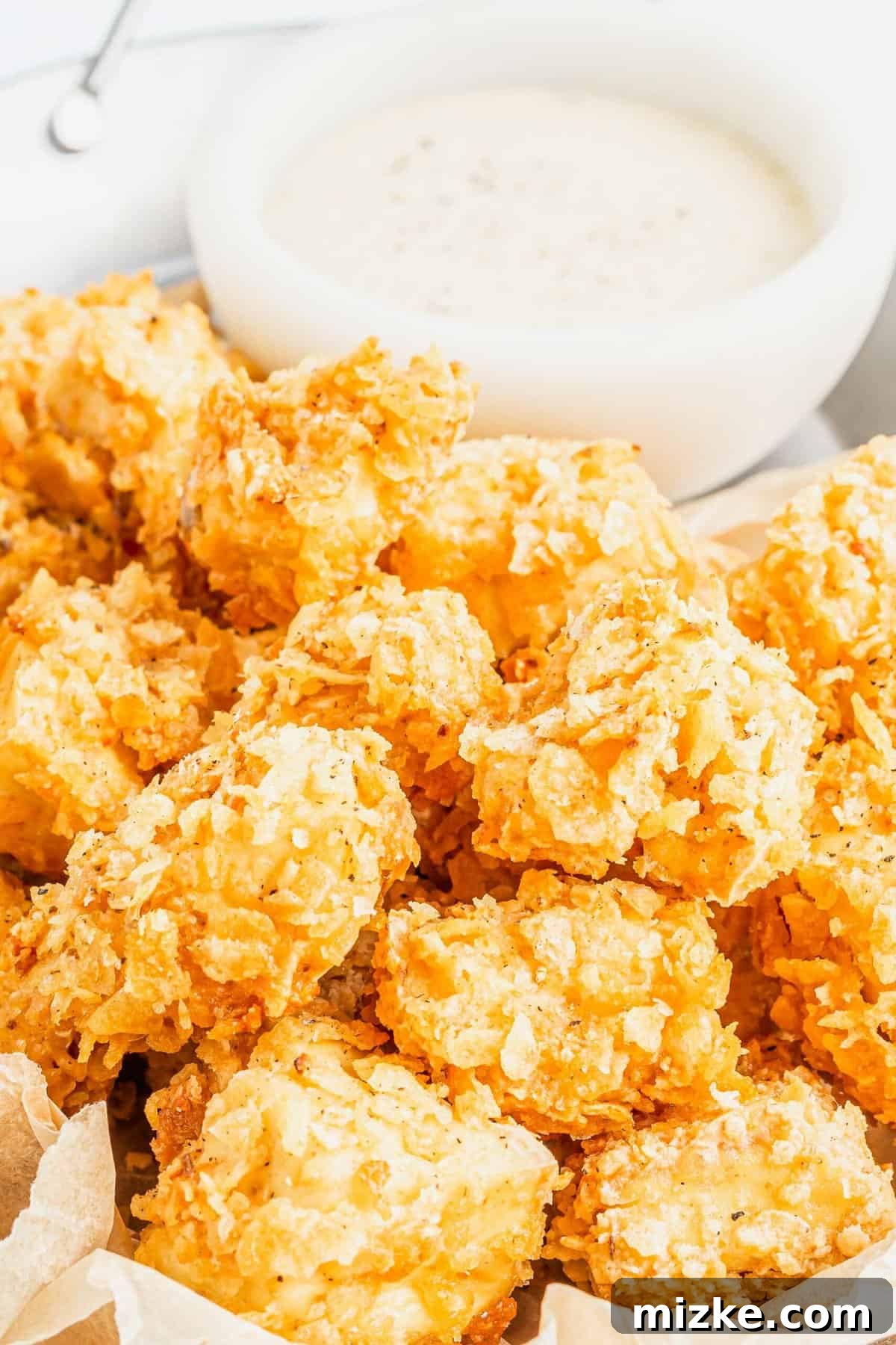 Crispy Tofu Poppers 3 A close-up shot of crispy popcorn tofu pieces arranged neatly, with a small bowl of creamy dipping sauce beside them, ready to be enjoyed.