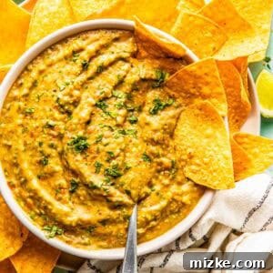A bowl of creamy salsa garnished with chopped herbs, surrounded by tortilla chips, with a spoon in the bowl and a striped cloth nearby.