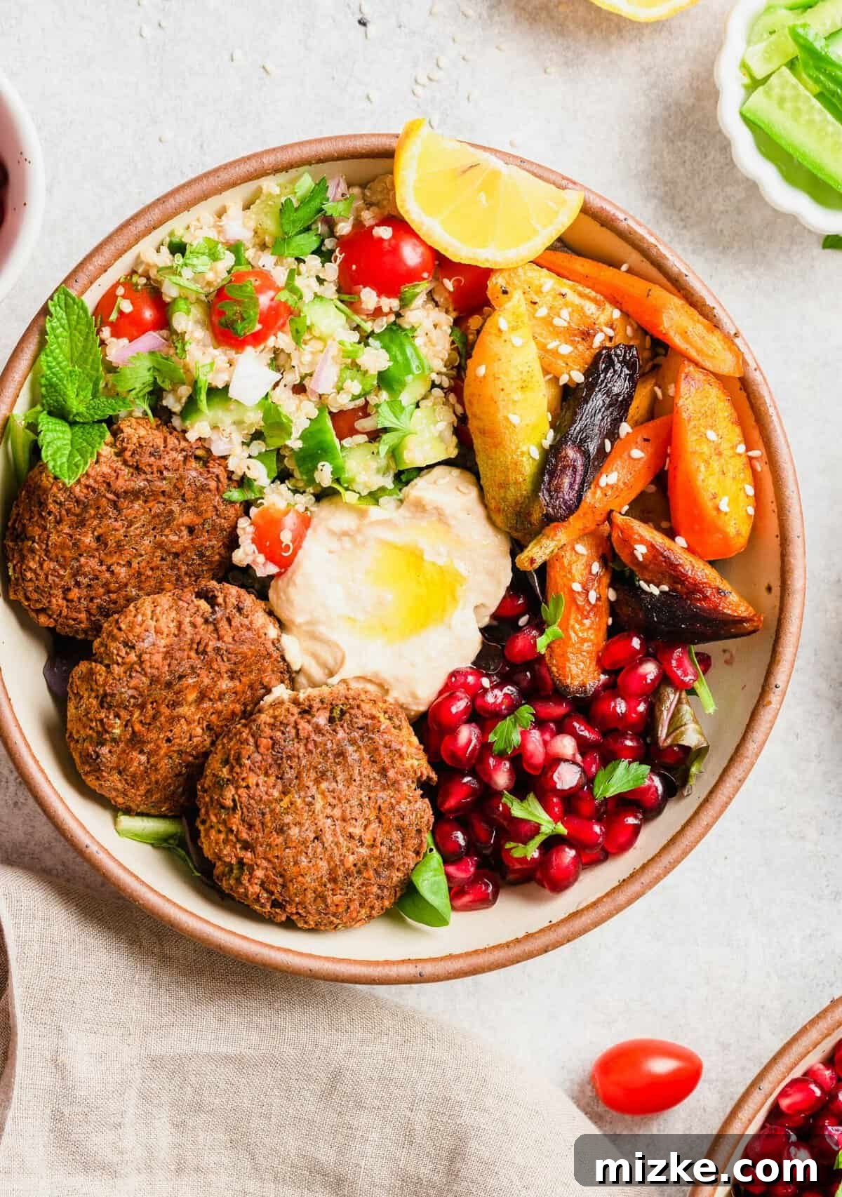 Falafel Harvest Bowl 5 Another overhead view of a Falafel Buddha bowl, perfectly arranged and ready to eat