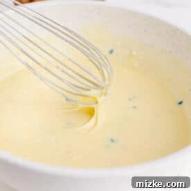 a metal whisk in a speckled bowl with funfetti batter