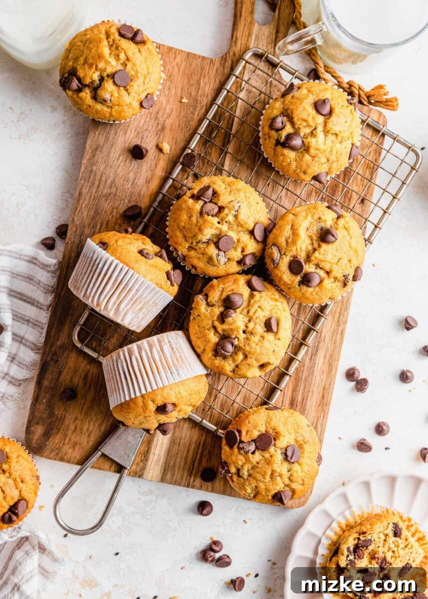 Tahini Swirl Banana Chocolate Chip Muffins 2 A batch of golden-brown Chocolate Chip Tahini Banana Muffins resting on a rustic wooden cutting board, inviting bakers to try this unique recipe.