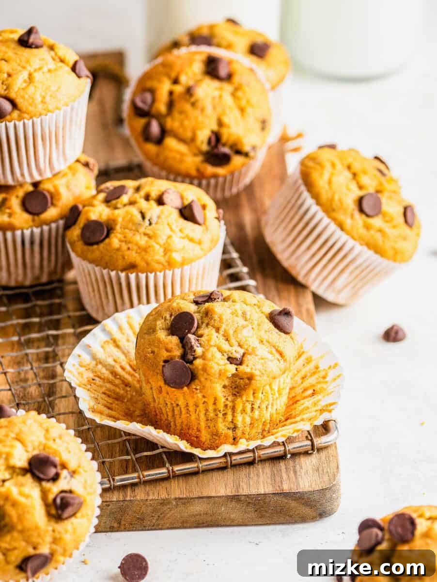 Tahini Swirl Banana Chocolate Chip Muffins 5 A hand gently peels the wrapper from a freshly baked Chocolate Chip Tahini Banana Muffin, revealing its soft, tempting interior.