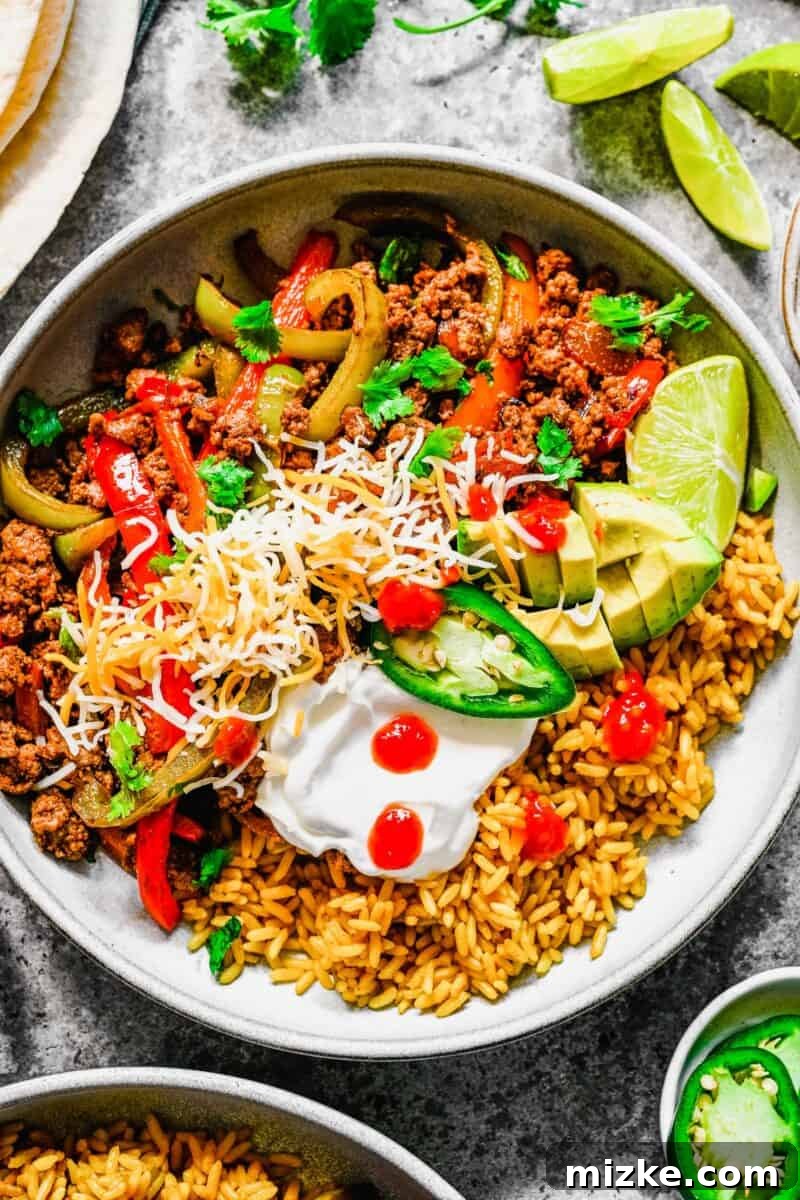 Sizzling Ground Beef Fajitas 3 A fajita bowl is presented with a few drops of hot sauce and fresh jalapeno slices for an extra kick.