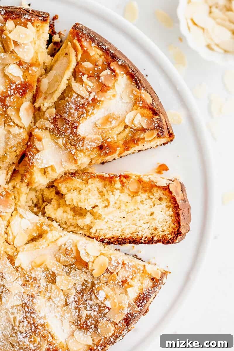 Apple Almond Cake sprinkled with almond slivers and powdered sugar is cut into individual slices. One piece sits on its side revealing a tender crumb and light brown crust.