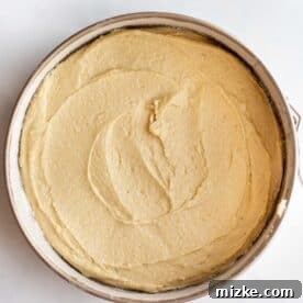 batter for apple almond cake spread into an even layer in a springform pan