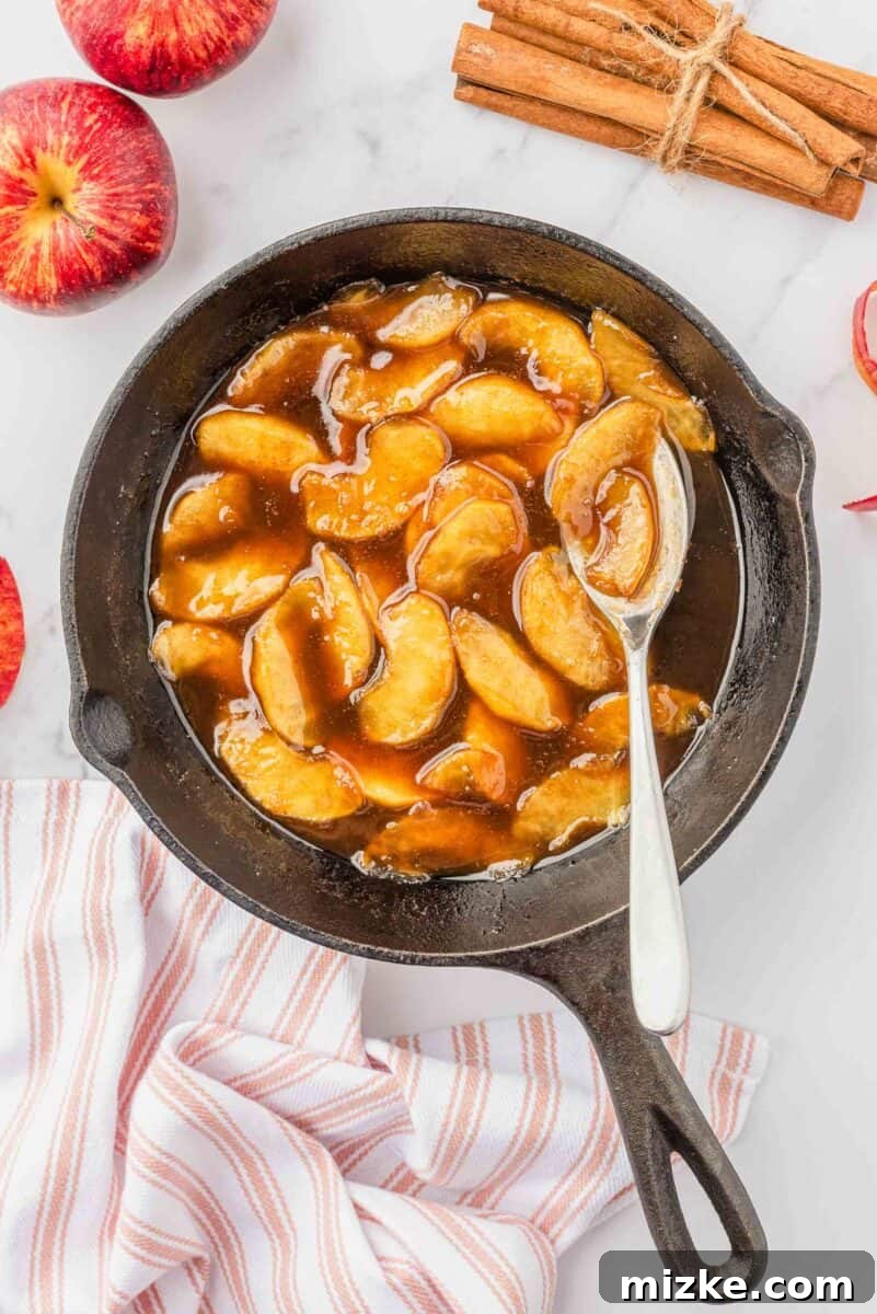 Puffy Apple Cinnamon Dutch Baby 8 Warm apple compote with tender apple slices and a rich, cinnamon-spiced sauce rests in a cast-iron skillet, with a silver spoon poised to serve.