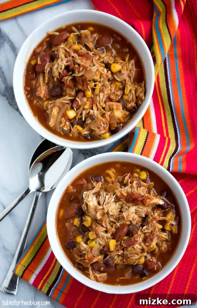Delicious Crockpot Chicken Taco Chili ready to serve Overhead view of a Crockpot Chicken Taco Chili serving, showing a generous portion ready to be enjoyed.