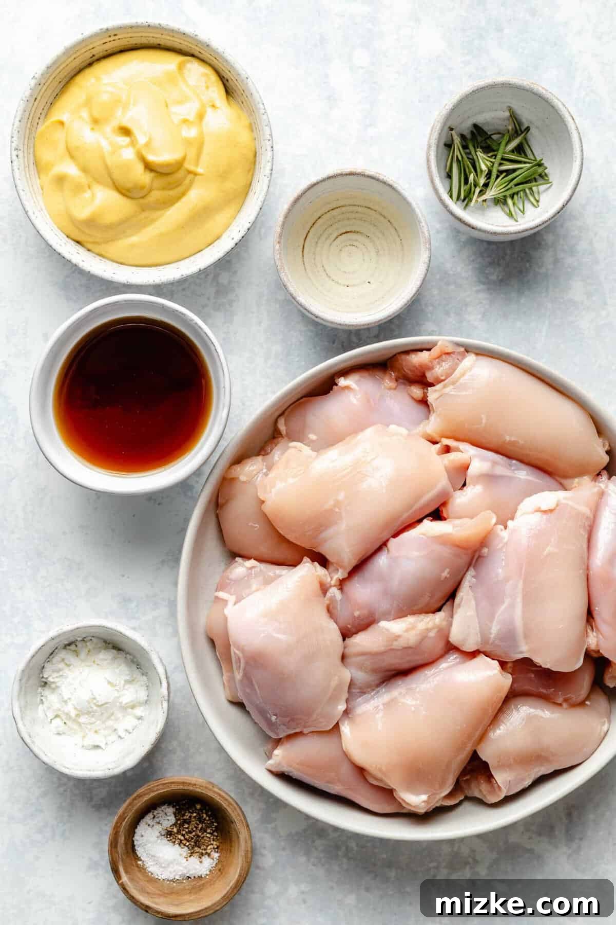 Essential ingredients for crafting this easy Maple Dijon Yum Yum Chicken recipe. Ingredients laid out for Maple Dijon Yum Yum Chicken.