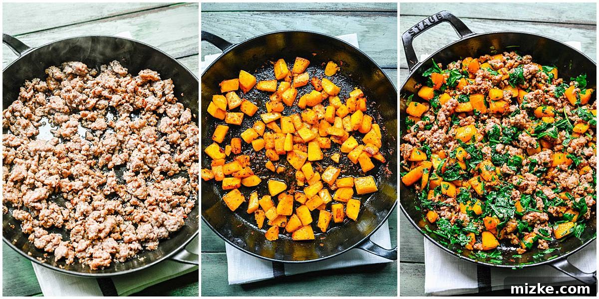 Creamy Pumpkin Sausage Pasta 5 Collage of three cooking stages: browning sausage in a skillet, cooking cubed pumpkin in the pan drippings, and adding pumpkin and sausage back with kale.