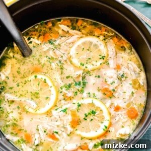 Overhead shot of lemon chicken and rice soup in a large pot