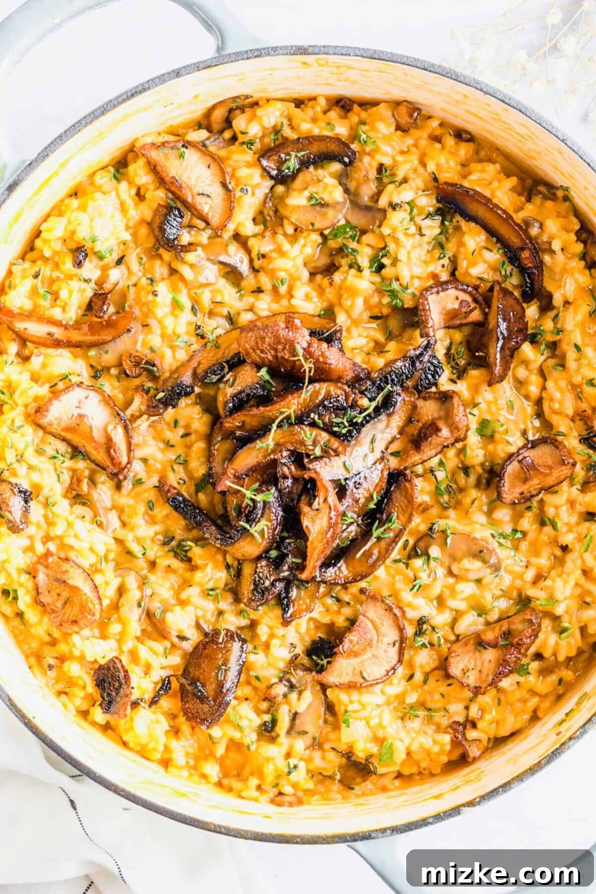 Creamy Vegan Mushroom Risotto: A rich and healthy fall dinner featuring three types of mushrooms. A large pot of creamy vegan mushroom risotto, generously topped with an assortment of roasted mushrooms and fresh green parsley, ready to be served.