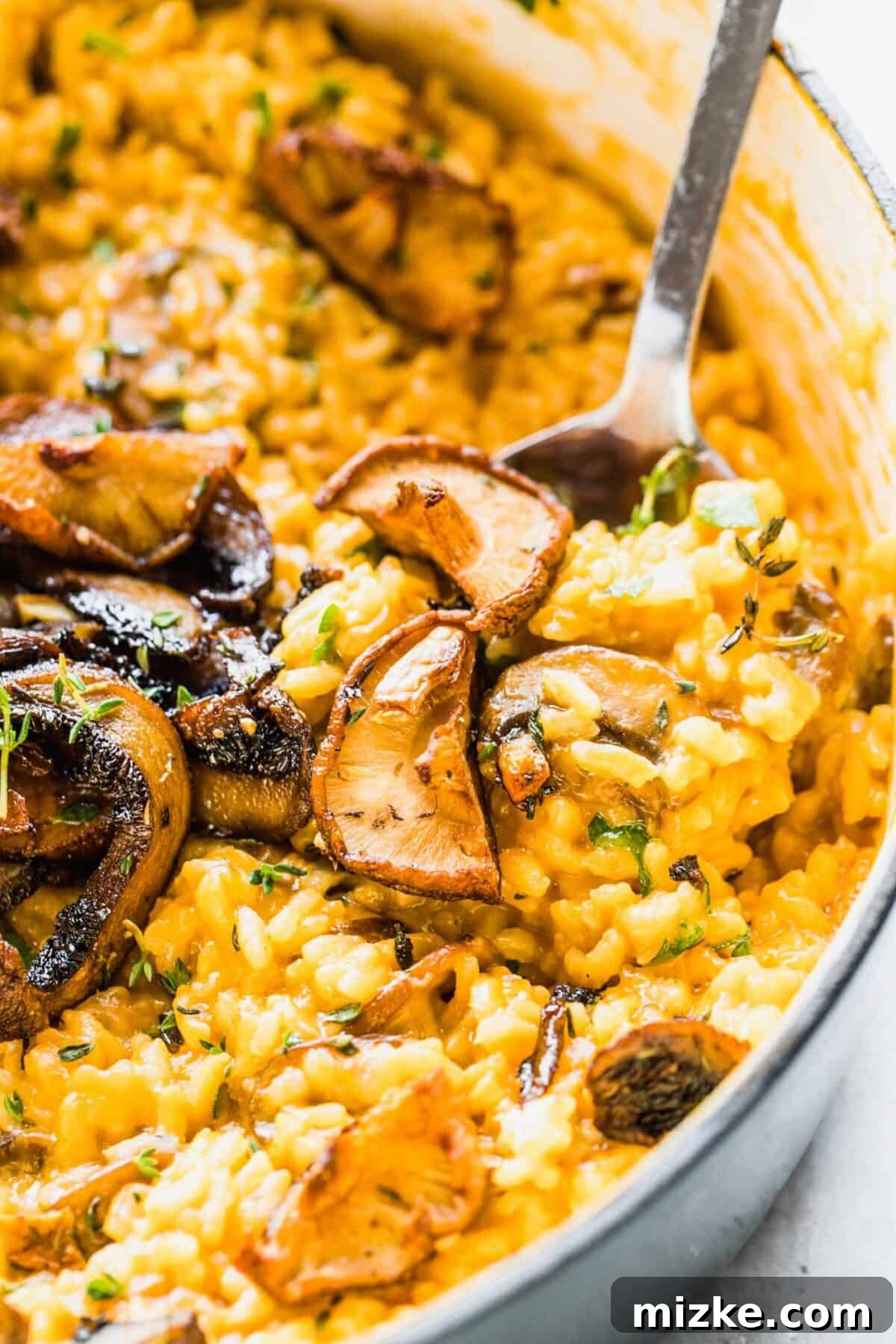 Vegan Mushroom Risotto: A delicious and healthy plant-based meal. A close-up view of a pan filled with creamy vegan mushroom risotto, adorned with beautifully cooked mushrooms, with a serving spoon resting within the dish.