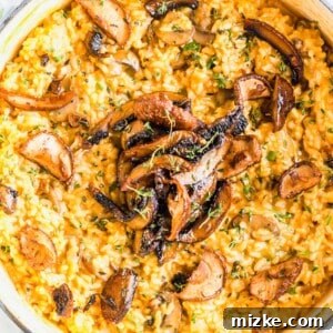 Overhead view of a pot of risotto, topped with mushrooms and parsley, a delicious vegan meal.