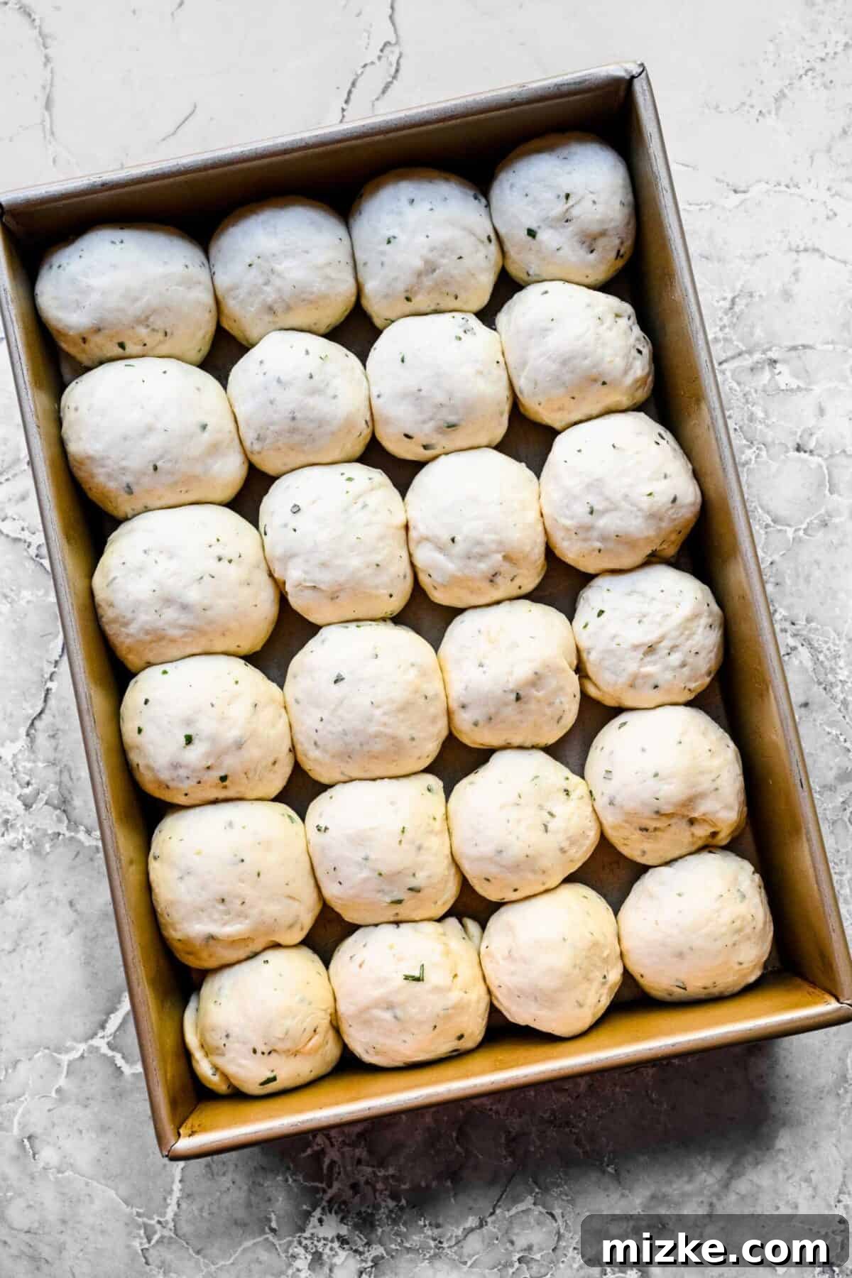 These easy garlic herb parker house rolls are buttery, moist, and tender, and the perfect side for a Thanksgiving or Christmas meal. A baking tray neatly filled with 24 balls of unbaked garlic herb roll dough, ready for their second rise.