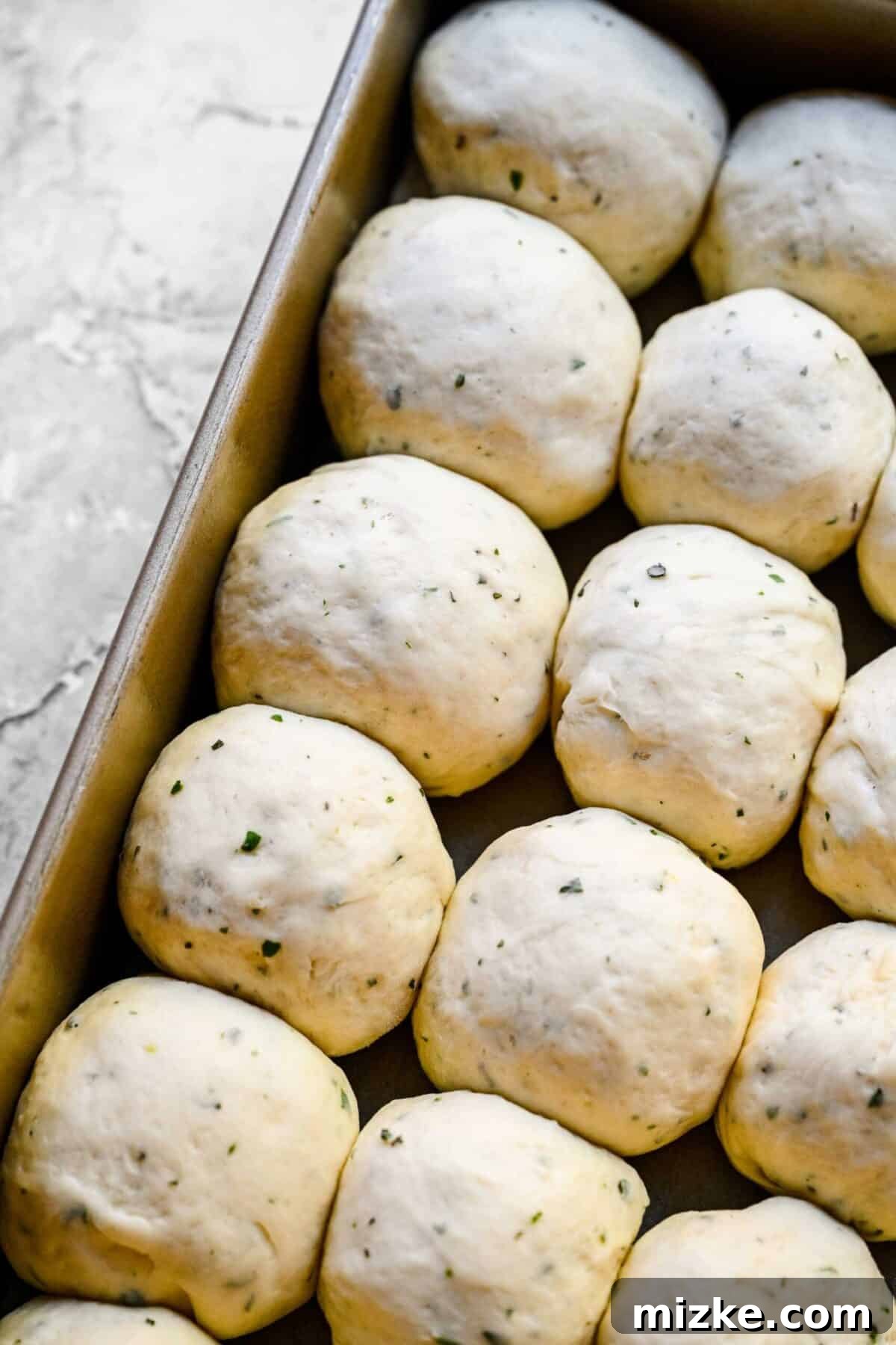 These easy garlic herb parker house rolls are buttery, moist, and tender, and the perfect side for a Thanksgiving or Christmas meal. A close-up shot of raw garlic herb roll dough balls resting in a baking pan, showing their smooth, round form.