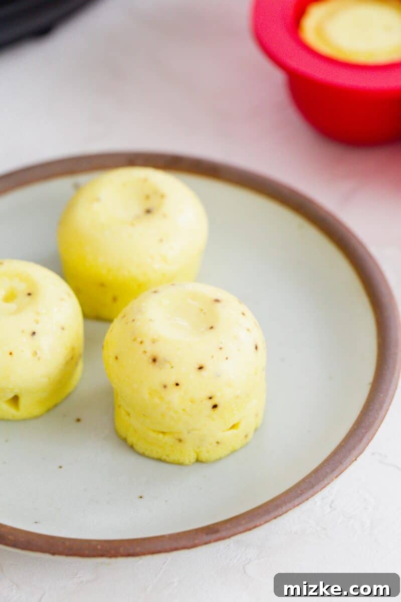 Fluffy Instant Pot Egg Bites 3 A close-up of instant pot egg bites with black pepper speckles on a clean ceramic plate, highlighting their perfectly smooth texture.