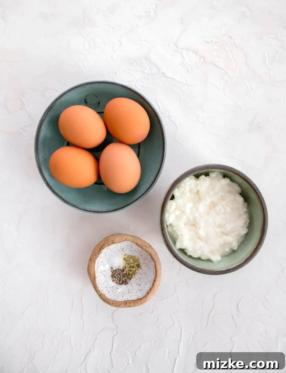 Fluffy Instant Pot Egg Bites 4 Ingredients for Instant Pot egg bites laid out on a wooden surface: fresh eggs, a bowl of cottage cheese, and small dishes of salt, pepper, and onion salt.