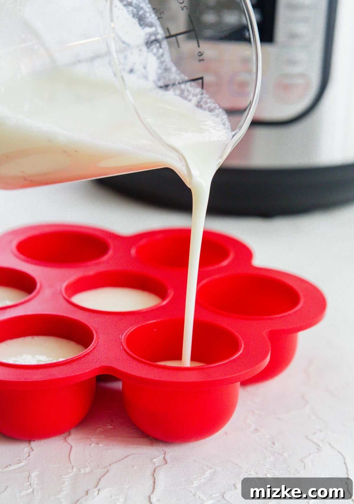 Fluffy Instant Pot Egg White Bites 7 Pouring the blended egg white mixture into a red silicone egg mold, positioned next to an Instant Pot.