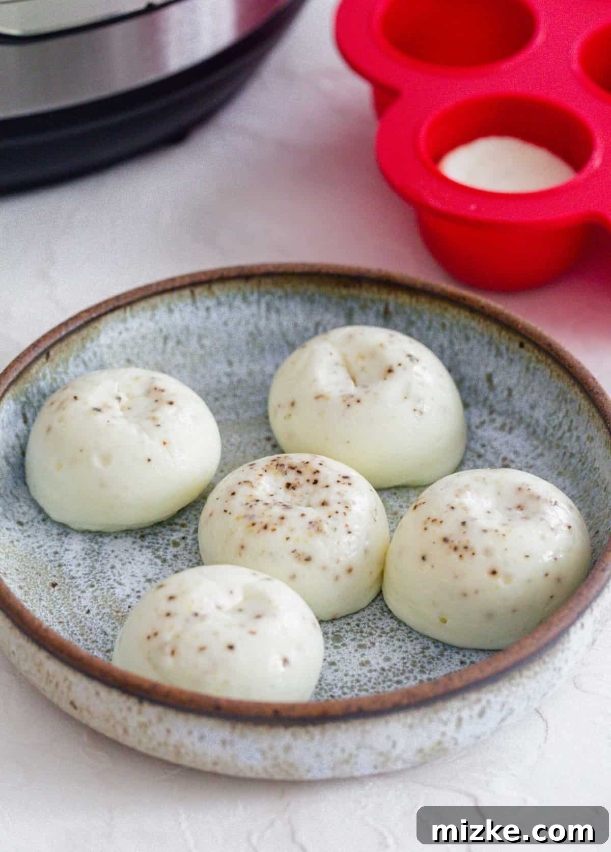 Fluffy Instant Pot Egg White Bites 9 Five freshly cooked Instant Pot egg white egg bites on a ceramic blue speckled plate, with the red silicone egg mold in the background.