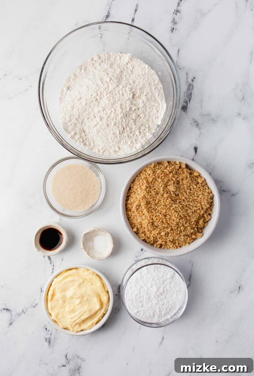 Melt-in-Your-Mouth Snowballs 4 ingredients for snowball cookies: flour, chopped nuts, powdered sugar, butter, salt, vanilla extract, and sugar