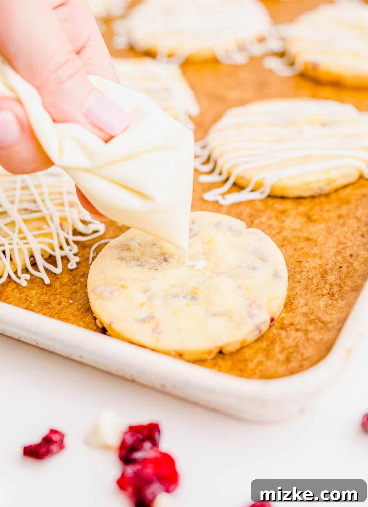 Golden Orange Cranberry Shortbread Delights 11 Squeezing white chocolate drizzle on top of a cranberry orange shortbread cookie.
