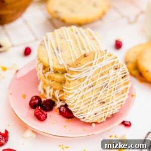 cranberry orange shortbread cookie on a pink plate with one cookie standing up to see the white chocolate drizzle detail