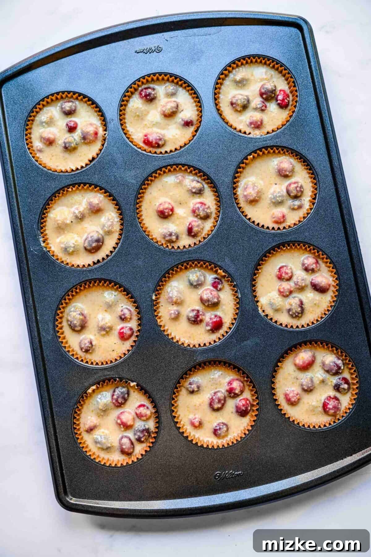 These cranberry maple cornbread muffins are moist, tender, sweet, and tart, making them an excellent side dish for Thanksgiving or Christmas. A muffin tin neatly filled with 12 portions of uncooked cranberry cornbread muffin batter, ready for the oven.