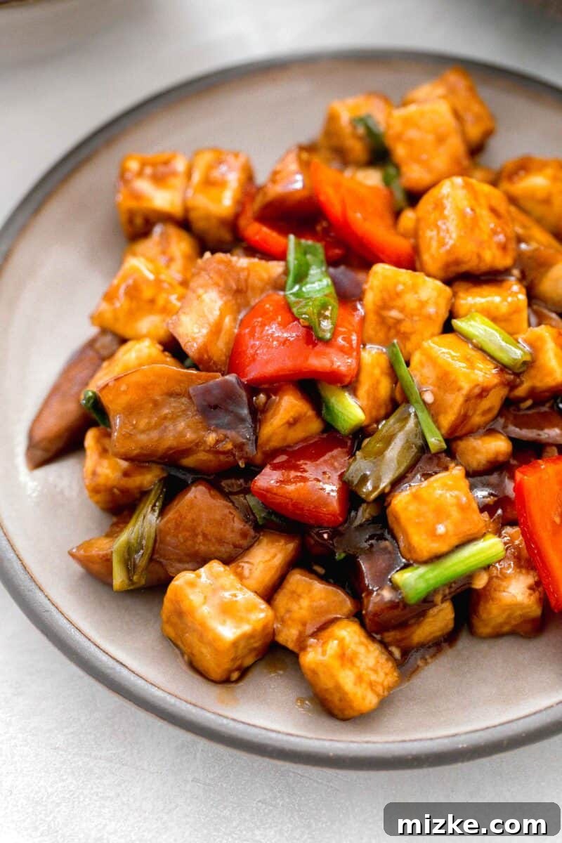 A close-up view of the eggplant tofu dish meticulously plated on a stylish grey ceramic plate, highlighting the vibrant colors and appealing textures.