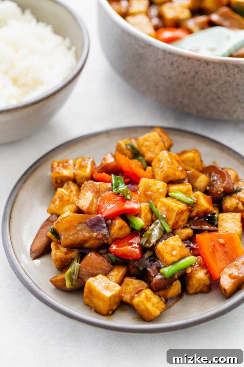 The finished eggplant tofu dish elegantly presented on a grey ceramic plate with a dark grey rim. In the soft-focused background, a bowl of white rice and the skillet containing more eggplant tofu are visible.