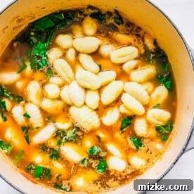 A pot of soup with gnocchi and kale added on top of it