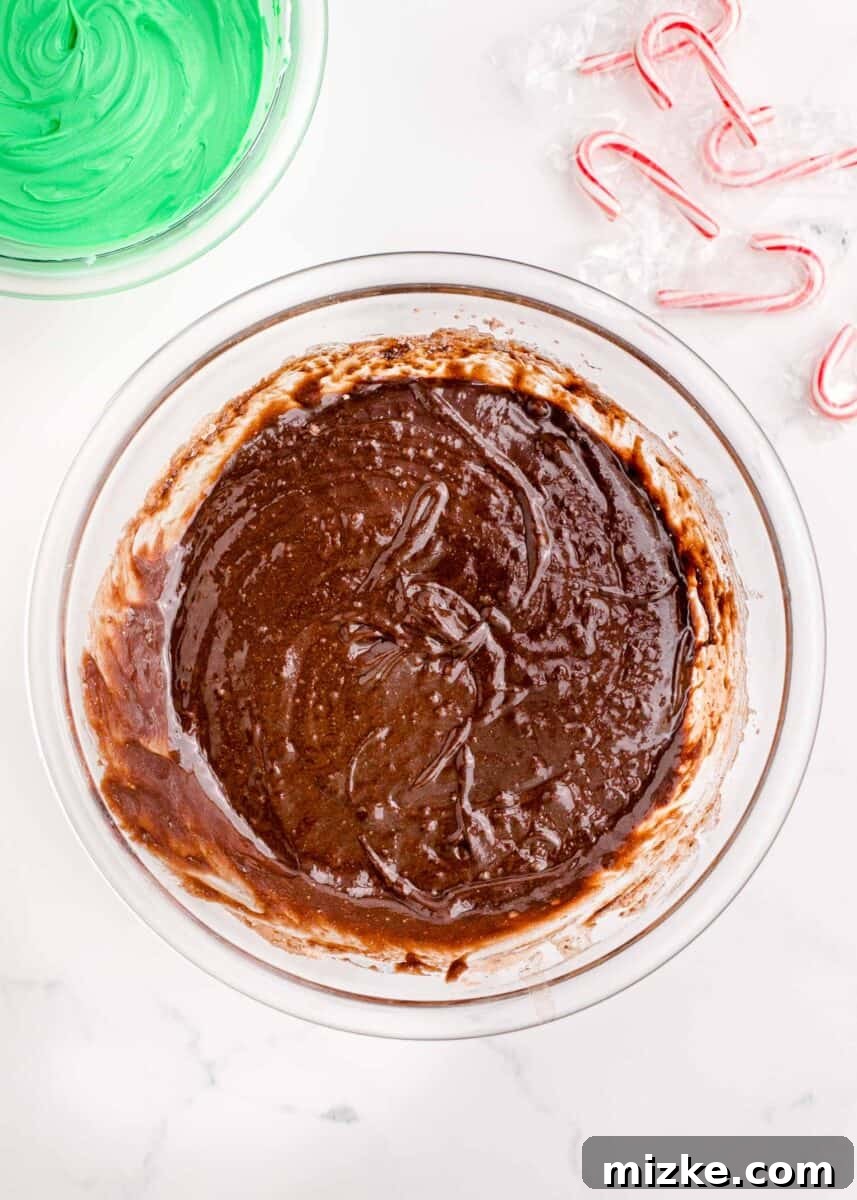 The brownie mix, eggs, and oil are now thoroughly whisked together in the clear bowl, forming a smooth, dark, and glossy batter.