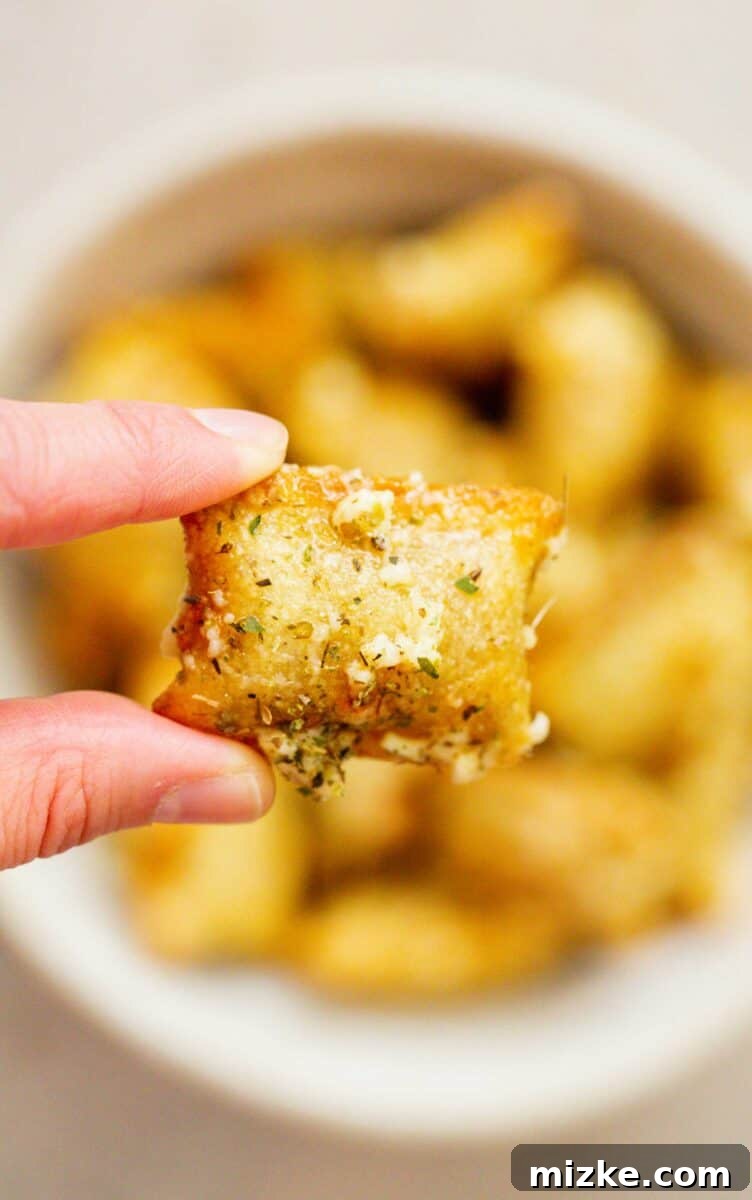 Snackable Pizza Bites 12 A hand holding a single baked pizza roll, perfectly coated with grated parmesan, minced garlic, and Italian seasoning.